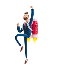 Wall Mural - 3d illustration. Businessman Billy flying on a rocket Jetpack up. Concept of  business startup, launching of a new company.