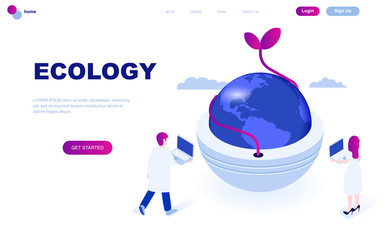 Wall Mural - Modern flat design isometric concept of Ecology Earth decorated people character for website and mobile website development. Isometric landing page template. Vector illustration.