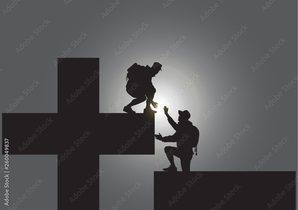 Silhouette of two people climbing from minus sign to plus sign, helping ...