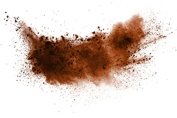 Wall Mural - explosion of deep brown powder on white background.