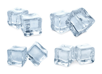 Set of crystal clear ice cubes on white background