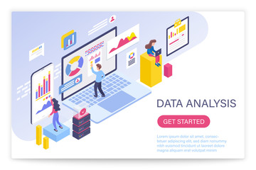 Poster - Data analysis process, big data concept 3d isometric vector illustration. People interacting with virtual screen charts and analyzing statistics.
