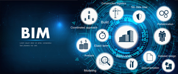 BIM banner - building information modeling. The concept of business. Vector illustration concept with icons and keywords. Bim background