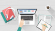 © Сергей Черепанов - E-learning, education and university banner, student s desktop with laptop, books and hands, top view
