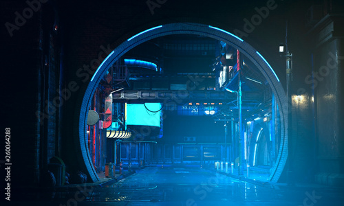 Street of a futuristic city, starting with an arch in a brick wall Tableau sur Toile