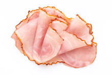 Sliced Boiled Ham Sausage Isolated On White Background, Top View.