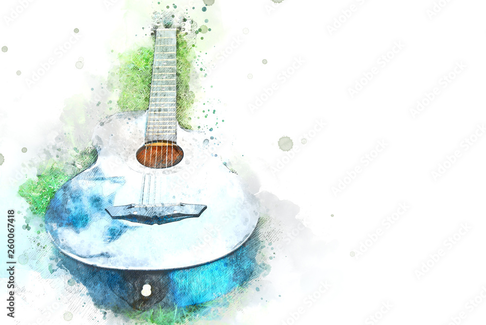 Abstract acoustic guitar on green grass on watercolor illustration painting background. - obrazy, fototapety, plakaty 