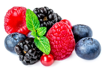 Berry mix isolated on a white background. Various fresh berries with mint  leaf. Raspberry, Blueberry, Cranberry, Blackberry. Macro.