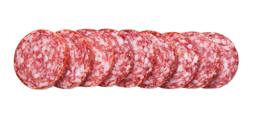 Wall Mural - Top view of sliced sausage salami isolated on white background.