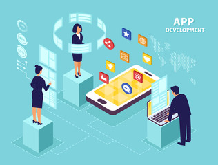 Wall Mural - Isometric vector of business people software engineers developing new mobile apps.