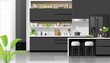 Interior background with modern black and white kitchen , vector , illustration