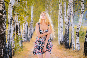 Wall Mural - An attractive girl with long hair in a short dress walks in the Park.