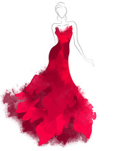 Model Sketch Silhouette In Beautiful Red Dress. Fashion Digital Watercolor Illustration
