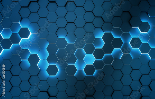 Black blue hexagons background pattern 3D rendering