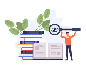 Wall Mural - Student man character searching knowledge. Education learning concept. Vector flat cartoon design graphic isolated illustration