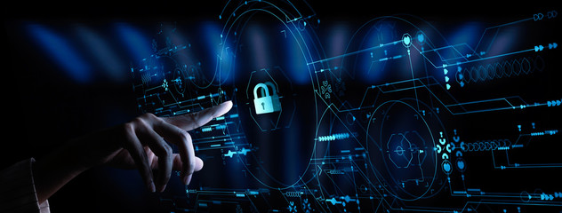 Leinwandbilder - Data protection Cyber Security Privacy Business with Woman hand pointing with UI.Internet Technology Concept.