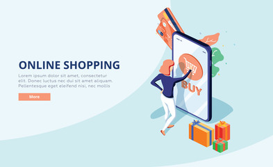 Online shopping concept with character. Sale and consumerism. Young woman shop online using smartphone. Web banner
