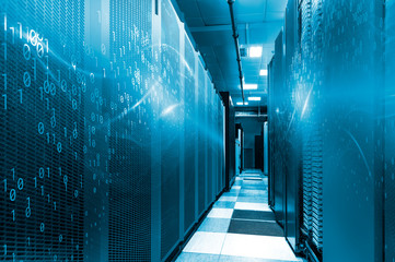Server room in big data center with binary code design. Modern interior super computer for digital communications and internet in security datacenter