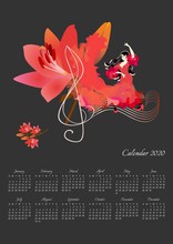 Beautiful Calendar Design For 2020 Year With Dancing Girl, Big Lily Flower And Treble Clef On Black Background.