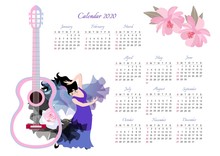 Beautiful Calendar For 2020 Year. Original Design With A Large Guitar Silhouette, Pink Flowers, Shawls In Shape Of Flying Birds And Girl Dancing Flamenco.