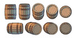 Set of wooden barrels in different positions. Front and side view, at different angles Vector illustrations isolated on white.