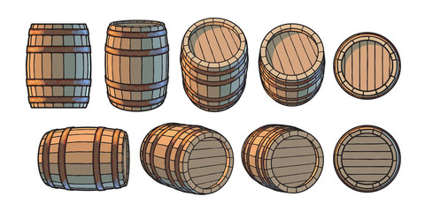 set of wooden barrels in different positions. front and side view, at different angles vector illust