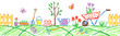 Seamless border background gardening tools in garden or farm set. Like child hand drawing outdoor copy space. Crayon pencil vector flower, watering can, shovel, fence, cart, rubber boots, plant, rake