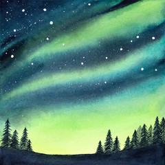 watercolour illustration of peaceful serene spruce forest under colorful northern lights and night s
