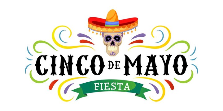 Wall Mural - Cinco de mayo vector greeting card with scull, traditional mexican hat and flourish elements. 5 may mexican holiday colorful greeting card. Vector illustration