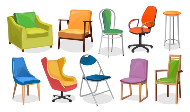 Wall Mural - Modern chair furniture collection. Comfortable furniture for apartment interior or office. Colorful cartoon chairs set isolated on white background. Vector illustration