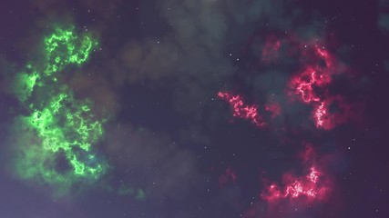 Wall Mural - Animation of glowing flicker red and green nebula and stars