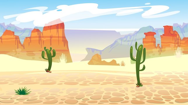 Wall Mural - Wild west seamless pattern with mountains and cacti. Retro western background for games, ui, posters etc. Vector wild west illustration