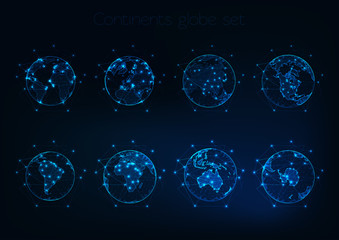 Wall Mural - set of glowing low polygonal globes shows planet earth with different continents outlines.
