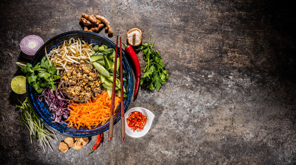 Wall Mural - Top view composition of vietnamese food in bowl