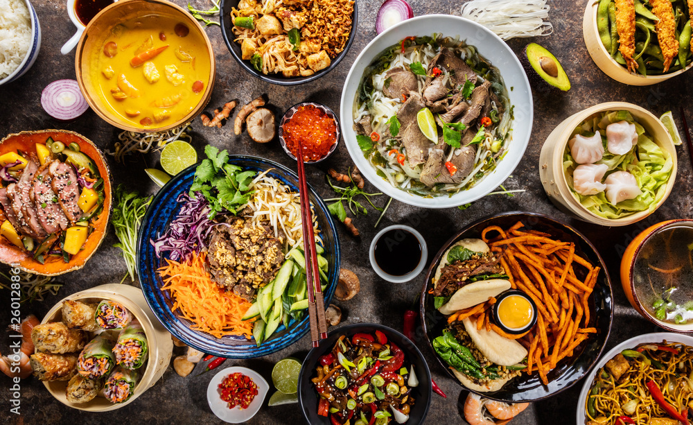 Top view composition of various Asian food in bowl - obrazy, fototapety, plakaty 
