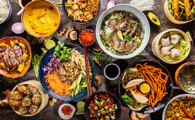 top view composition of various asian food in bowl
