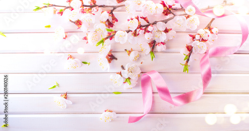 Easter Spring Blossom on white wooden plank background. Easter Apricot flower...