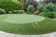 A Green Back Yard Putting Green with Artificial Turf, Multiple Cups, Flags and Putters