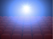 Empty movie theater with projection light falling into the lens and empty seats. Vector Illustration