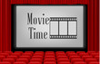 Rows of red cinema movie empty theater seats. Glowing blank screen or movie template banner background, vector illustration