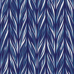 Seamless vector floral pattern with abstract leaves in blue and white colors on dark background. Endless chevron print