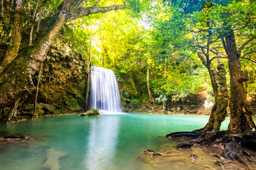 Erawan Waterfall in National Park, Thailand,Blue emerald color waterfall