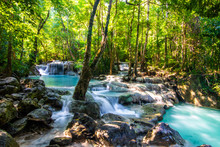 Erawan Waterfall In National Park, Thailand,Blue Emerald Color Waterfall
