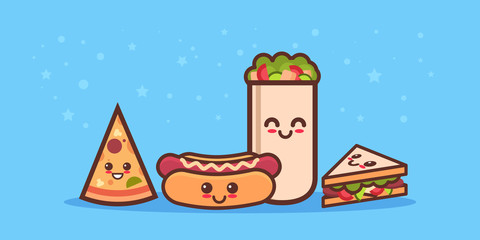  cute sandwich pizza hot dog and shaverma fast food set cartoon comic characters with smiling faces tasty classic fastfood collection happy emoji kawaii style horizontal