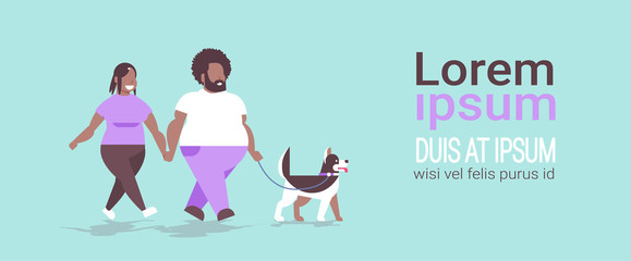 Wall Mural - fat obese couple walking with husky dog african american overweight man woman having fun obesity concept horizontal full length flat copy space