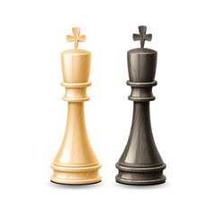 Realistic king chess pieces. Black and white chess figures for strategic board game. Intellectual leisure activity symbols. 3d chessboard objects for vector design.