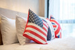 real Luxury Interior design in bedroom with light and bright space , England and america flag pillows