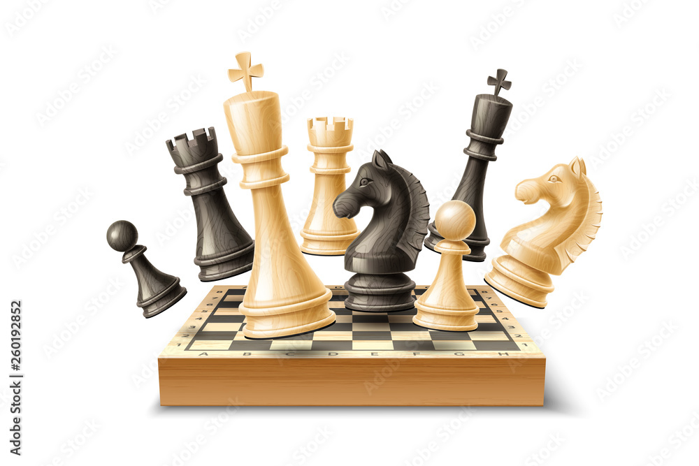 Realistic chess pieces and chessboard set. King, queen bishop and pawn horse rook Black and white chess figures for strategic board game. Intellectual leisure activity. 3d objects for vector design - obrazy, fototapety, plakaty 