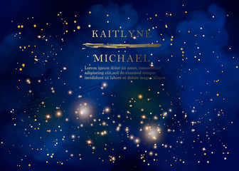 Magic night dark blue sky with sparkling stars vector wedding invitation. Andromeda galaxy. Gold glitter powder splash background. Golden scattered dust.