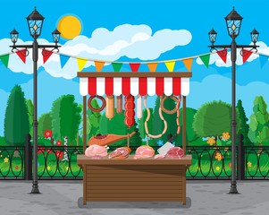 Wall Mural - Meat street market. Meat store stall. Butcher shop or showcase counter. Sausage slices product. Delicatessen gastronomic product of beef pork chicken. Pepperoni salami. Vector illustration flat style